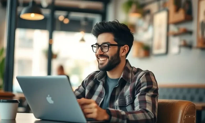 7 Estratégias Infalíveis para Empreendedores Nômades Digitais Lucrar Mais - Web Nômade Digital Nômade digital sorrindo ao ver resultados positivos de seu negócio.