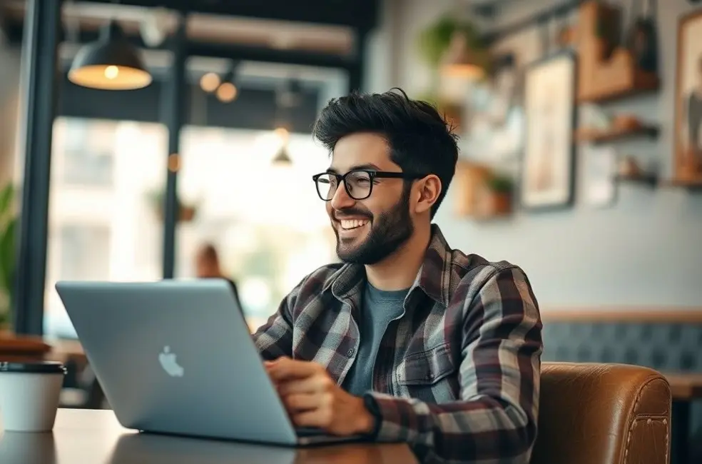Nômade digital sorrindo ao ver resultados positivos de seu negócio.