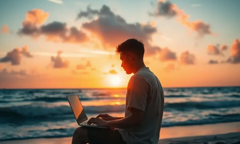 Silhueta de um empreendedor nômade trabalhando em um laptop durante o pôr do sol na praia.