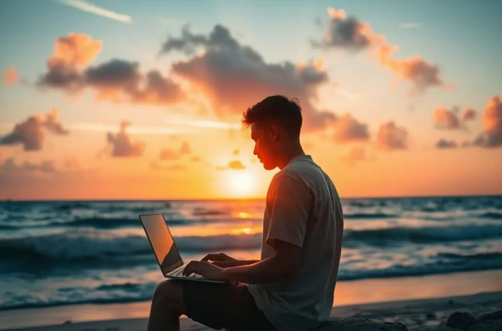Silhueta de um empreendedor nômade trabalhando em um laptop durante o pôr do sol na praia.