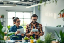 Ambiente de trabalho digital mostrando crescimento sustentável por meio de tecnologia e ideias inovadoras.