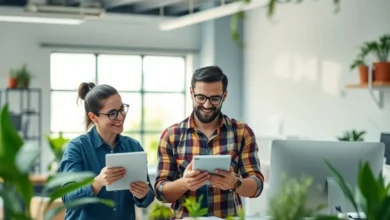 Ambiente de trabalho digital mostrando crescimento sustentável por meio de tecnologia e ideias inovadoras.