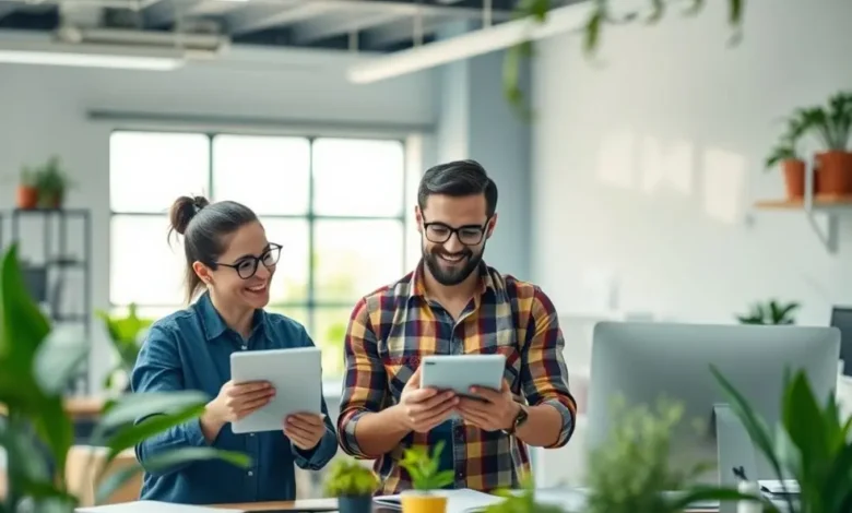 Ambiente de trabalho digital mostrando crescimento sustentável por meio de tecnologia e ideias inovadoras.