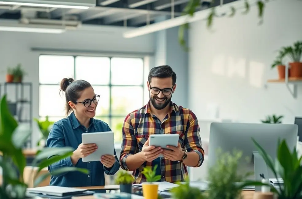 Ambiente de trabalho digital mostrando crescimento sustentável por meio de tecnologia e ideias inovadoras.