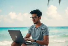 Jovem profissional trabalhando de um laptop com vista para a praia.