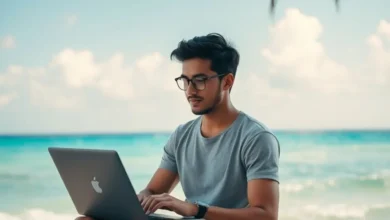 Jovem profissional trabalhando de um laptop com vista para a praia.