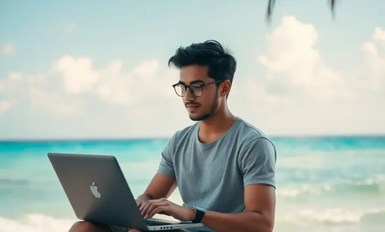 Jovem profissional trabalhando de um laptop com vista para a praia.