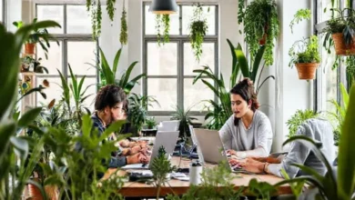 Nômades digitais em um co-working sustentável, simbolizando inovação e eco-friendliness.