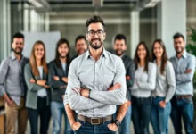 Empreendedor orgulhoso diante de uma equipe de negócios digitais em crescimento.