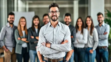 Empreendedor orgulhoso diante de uma equipe de negócios digitais em crescimento.