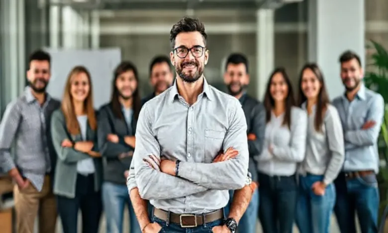 Empreendedor orgulhoso diante de uma equipe de negócios digitais em crescimento.