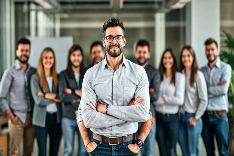 Empreendedor orgulhoso diante de uma equipe de negócios digitais em crescimento.