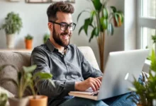 Empreendedor digital trabalhando remotamente em um ambiente criativo.