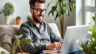 Empreendedor digital trabalhando remotamente em um ambiente criativo.