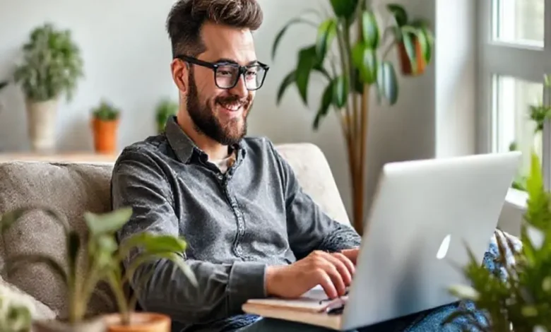 Empreendedor digital trabalhando remotamente em um ambiente criativo.