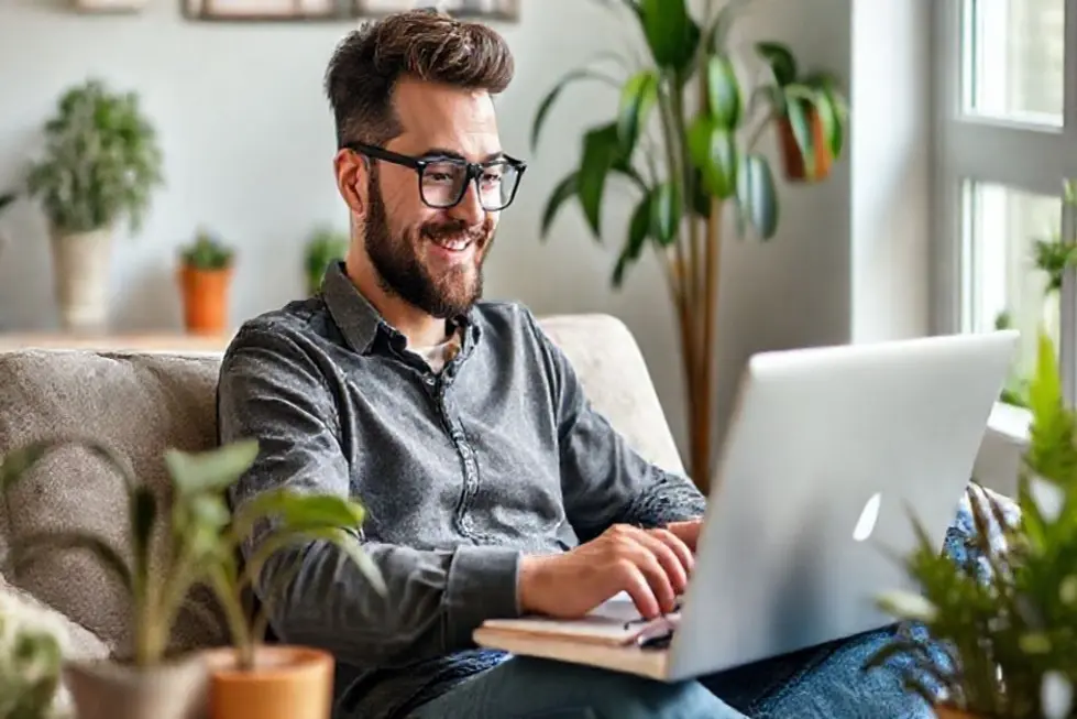 Empreendedor digital trabalhando remotamente em um ambiente criativo.