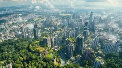 Paisagem que representa o equilíbrio entre negócios e meio ambiente.