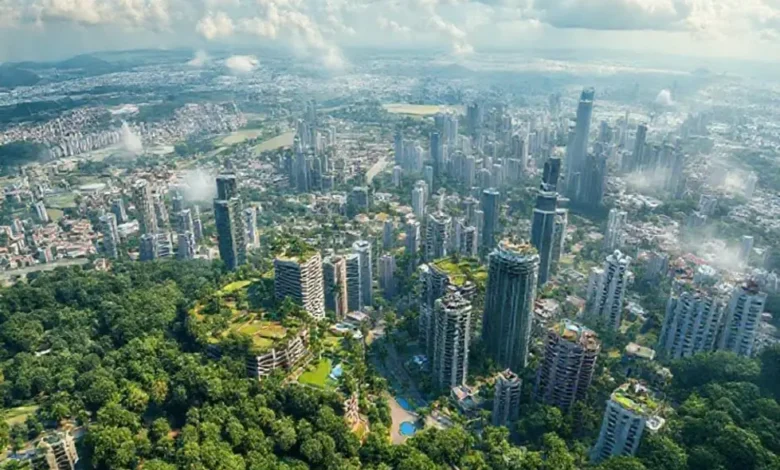 Paisagem que representa o equilíbrio entre negócios e meio ambiente.