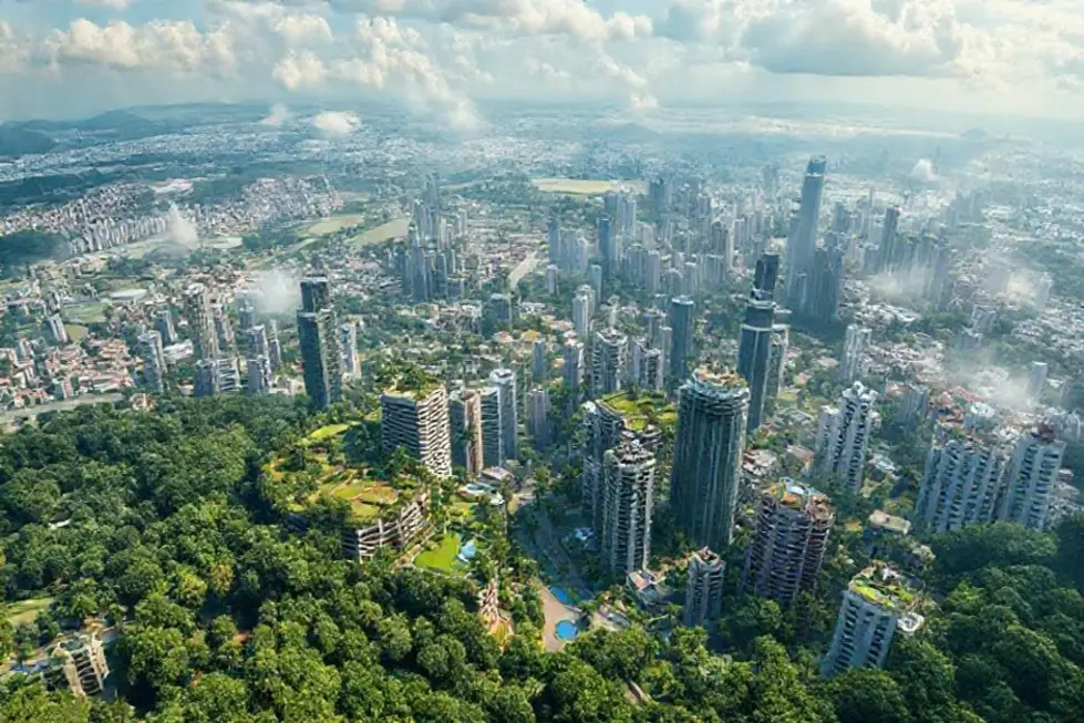 Paisagem que representa o equilíbrio entre negócios e meio ambiente.