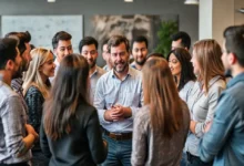 Grupo de empreendedores aprendendo e se apoiando mutuamente sob a orientação de um mentor.