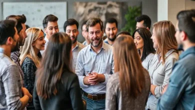 Grupo de empreendedores aprendendo e se apoiando mutuamente sob a orientação de um mentor.