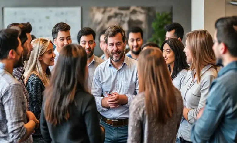 Grupo de empreendedores aprendendo e se apoiando mutuamente sob a orientação de um mentor.