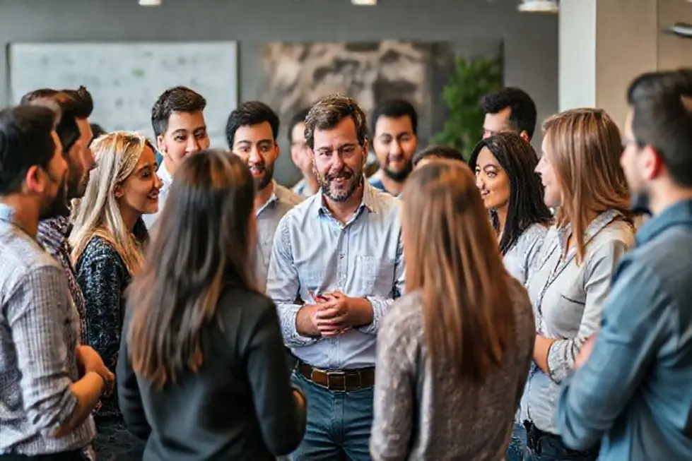 Grupo de empreendedores aprendendo e se apoiando mutuamente sob a orientação de um mentor.