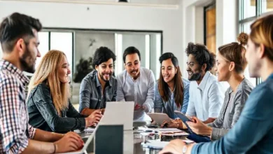 Grupo diverso de empreendedores digitais discutindo estratégias de negócios.