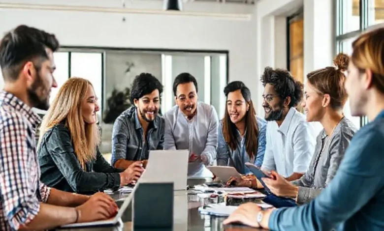 Grupo diverso de empreendedores digitais discutindo estratégias de negócios.