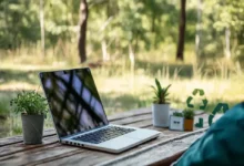 Espaço de trabalho ao ar livre para nômades digitais, simbolizando crescimento sustentável.