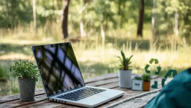 Espaço de trabalho ao ar livre para nômades digitais, simbolizando crescimento sustentável.