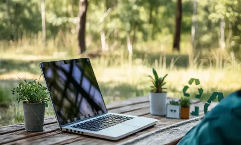 Espaço de trabalho ao ar livre para nômades digitais, simbolizando crescimento sustentável.
