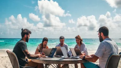 Grupo de nômades digitais trabalhando em estratégias de negócios na praia.