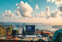 Imagem representativa do estilo de vida nômade digital focado em gestão estratégica e produtividade.