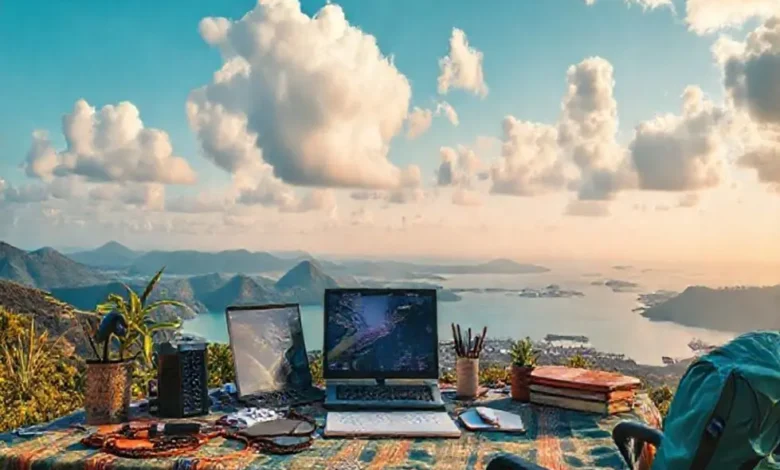 Imagem representativa do estilo de vida nômade digital focado em gestão estratégica e produtividade.