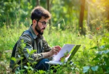Empreendedor em meio à natureza planejando um negócio sustentável.
