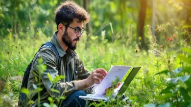 Empreendedor em meio à natureza planejando um negócio sustentável.