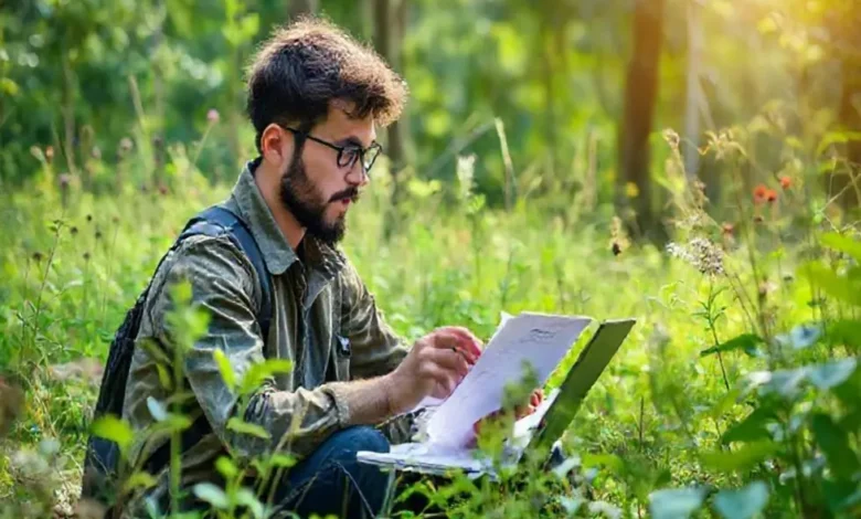 Empreendedor em meio à natureza planejando um negócio sustentável.