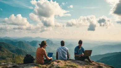 Nômades digitais trabalhando remotamente em locais inspiradores.