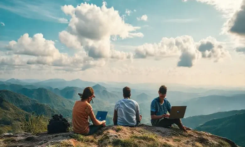Nômades digitais trabalhando remotamente em locais inspiradores.