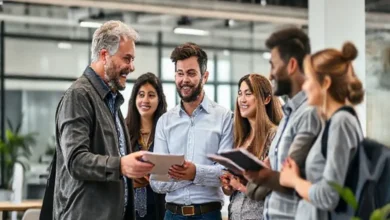 Mentor orientando jovens empreendedores em um espaço de trabalho moderno.