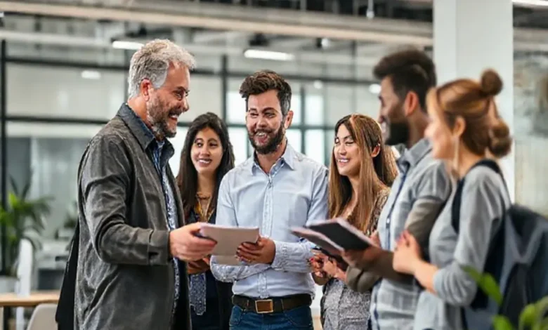 Mentor orientando jovens empreendedores em um espaço de trabalho moderno.