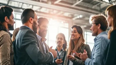 Grupo de empreendedores participando de uma sessão de mentoria inspiradora.
