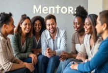 Grupo diversificado em sessão de mentoria colaborativa.