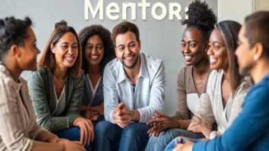 Grupo diversificado em sessão de mentoria colaborativa.