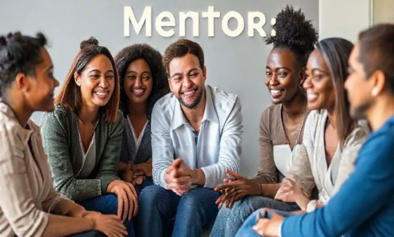 Grupo diversificado em sessão de mentoria colaborativa.