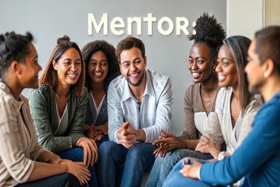 Grupo diversificado em sessão de mentoria colaborativa.