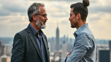 Mentor e mentorado discutindo em um ambiente inspirador com vista urbana.