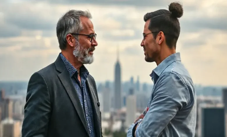 Mentor e mentorado discutindo em um ambiente inspirador com vista urbana.