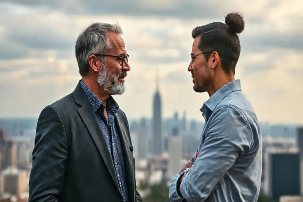 7 Passos para Criar uma Mentoria Empresarial de Alto Impacto - Web Nômade Digital Mentor e mentorado discutindo em um ambiente inspirador com vista urbana.